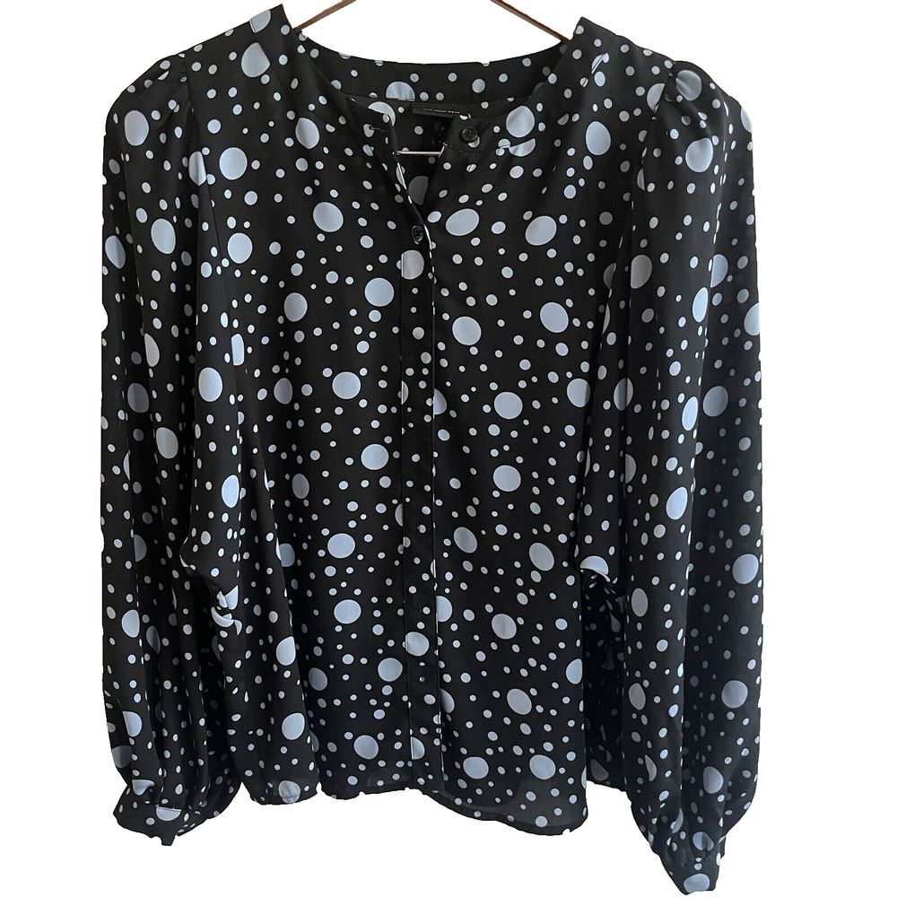 Who What Wear Shirt Blouse Long Sleeve Ruffle Black Gray Polka Dot Sheer Balloon - Picture 2 of 16
